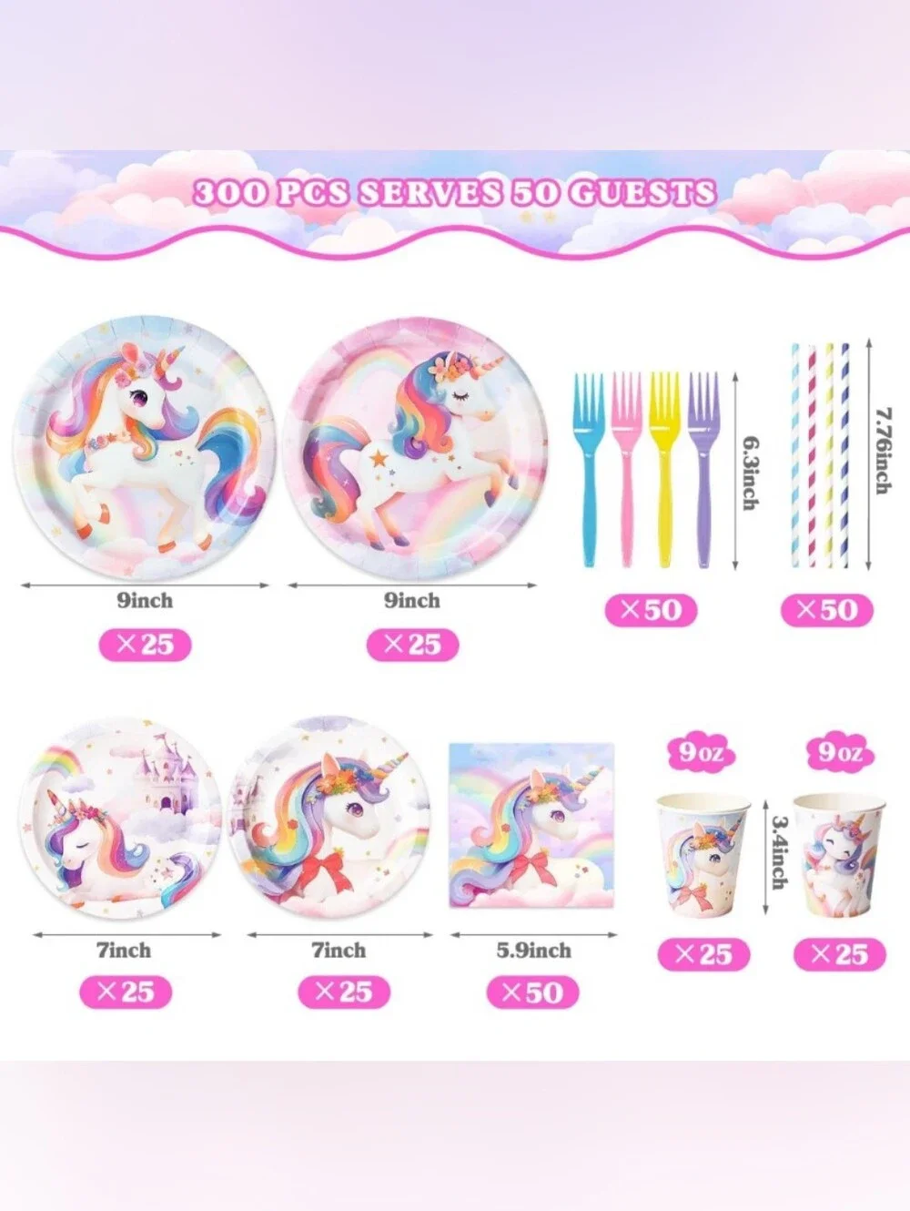 300 Pcs (50 Guests) Unicorn Tableware Set: Plates, Napkins, Cups, Forks, Straws